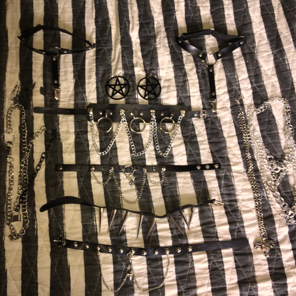 Hot Topic Huge 10 Piece Goth Jewelry and Leather Choker Lot Garter Straps